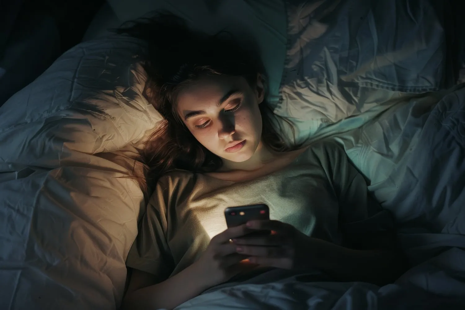 A young woman lying in bed at night, looking at her smartphone screen. The soft glow from the device highlights her face in a dark room, illustrating the effect of screen time and blue light on sleep patterns.