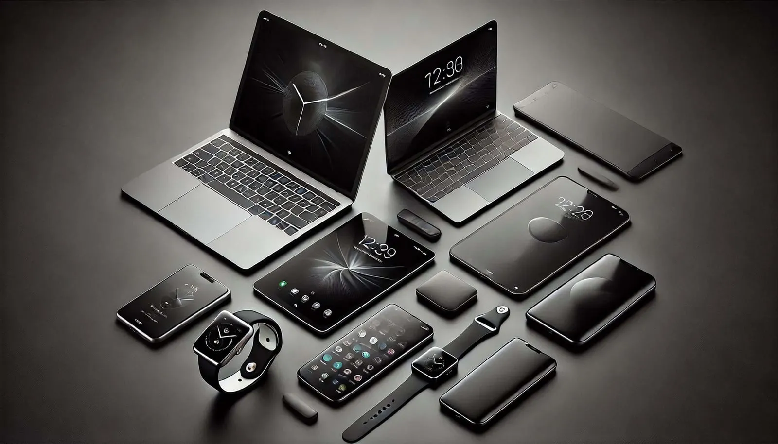 Flat lay photo of multiple modern digital devices, including laptops, smartphones, tablets, smartwatches, and accessories, arranged neatly on a dark surface - representing today’s screen-heavy lifestyle.