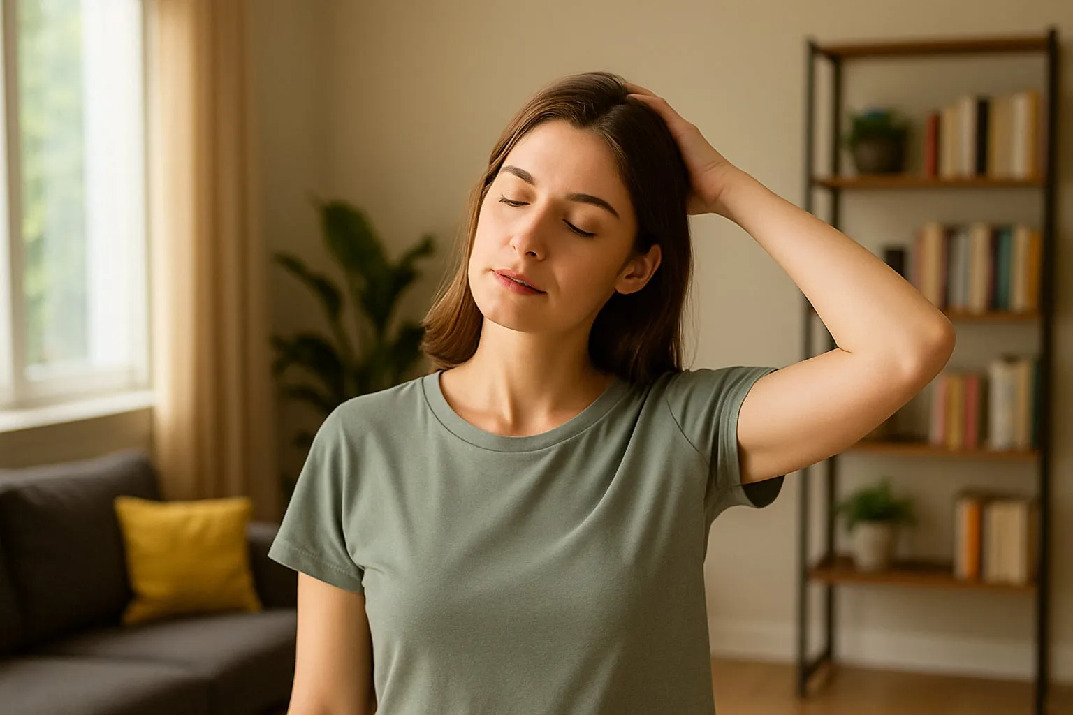 A young woman stands in a relaxed home setting, gently stretching her neck by tilting her head to the side and holding it with one hand. She wears casual clothes and appears calm, surrounded by natural light, houseplants, and a cozy living space.