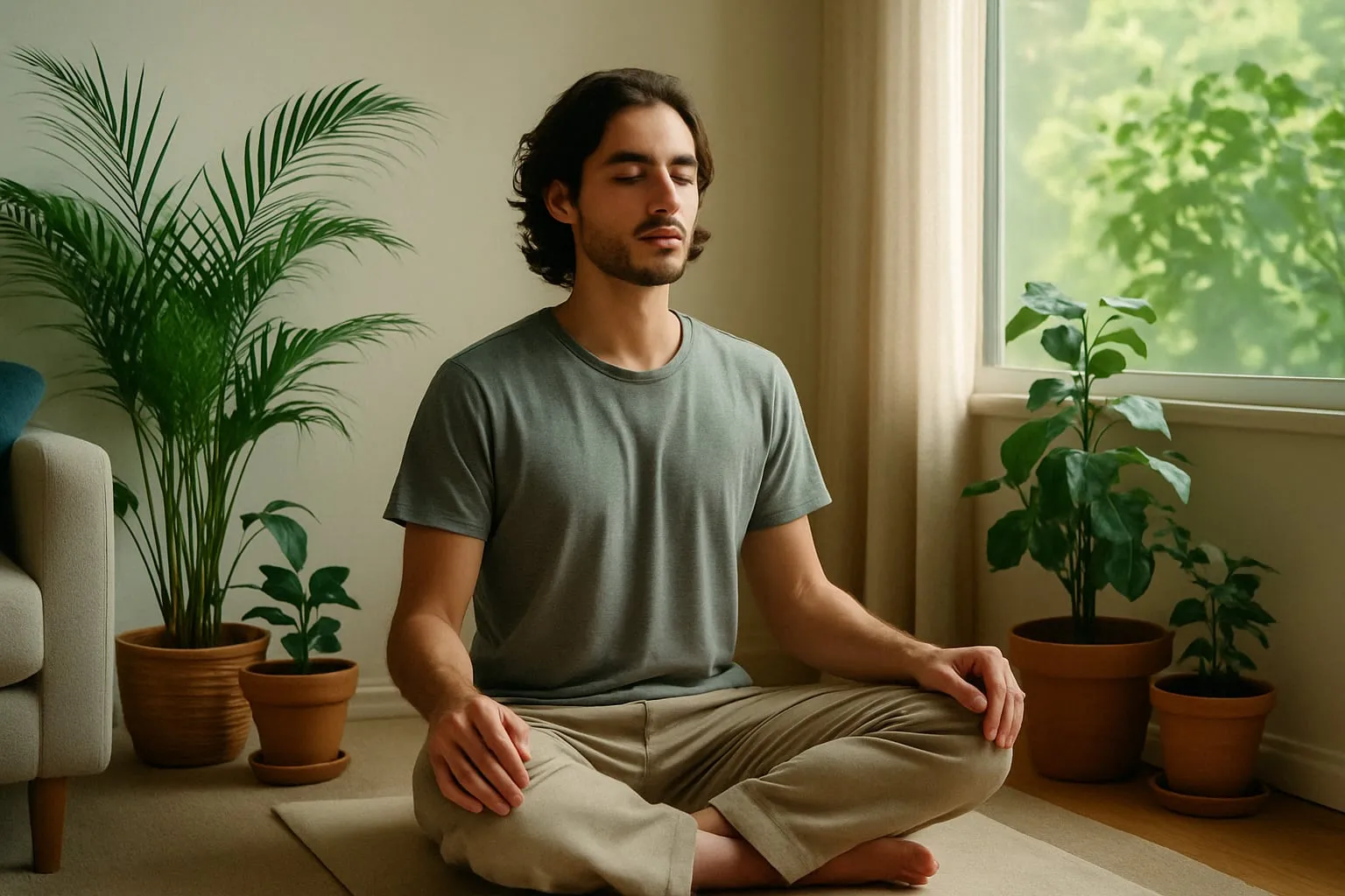 A young man sits cross-legged on a yoga mat in a quiet room, eyes closed and hands resting on his knees. Natural light filters through the window, with green plants and soft home decor creating a calm and focused meditation space.