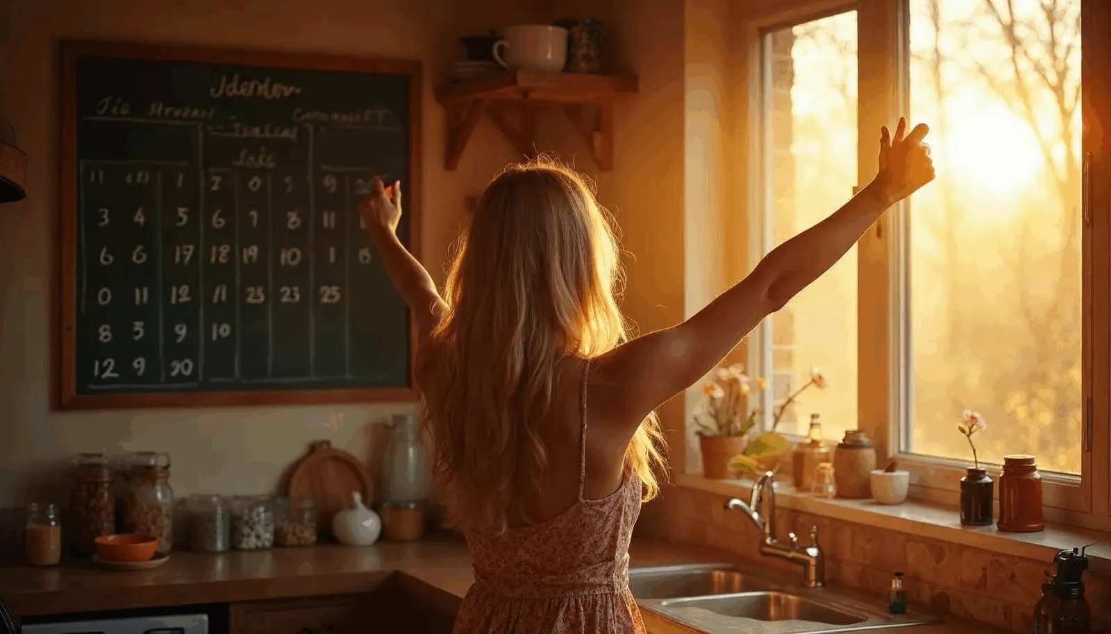 A woman with long blonde hair stands in a cozy kitchen, stretching her arms toward the sunrise outside the window. The warm morning light fills the room, symbolizing a calm, screen-free start to the day and a mindful lifestyle
