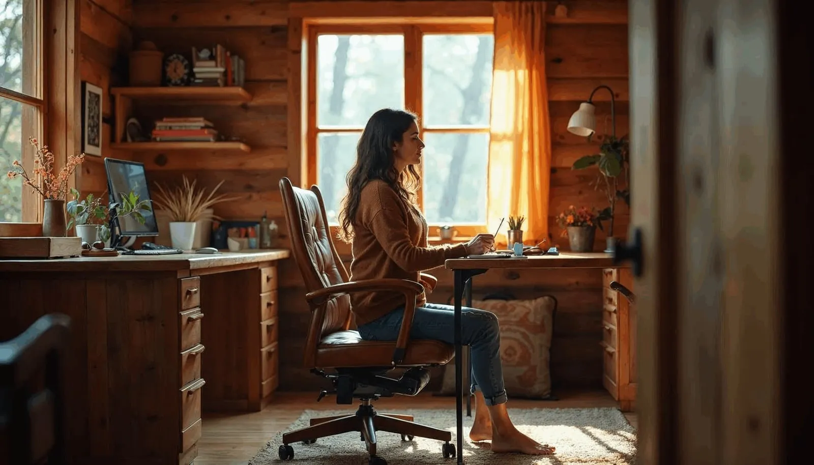 Woman Sitting with Proper Ergonomic Posture in a Cozy Home Office
